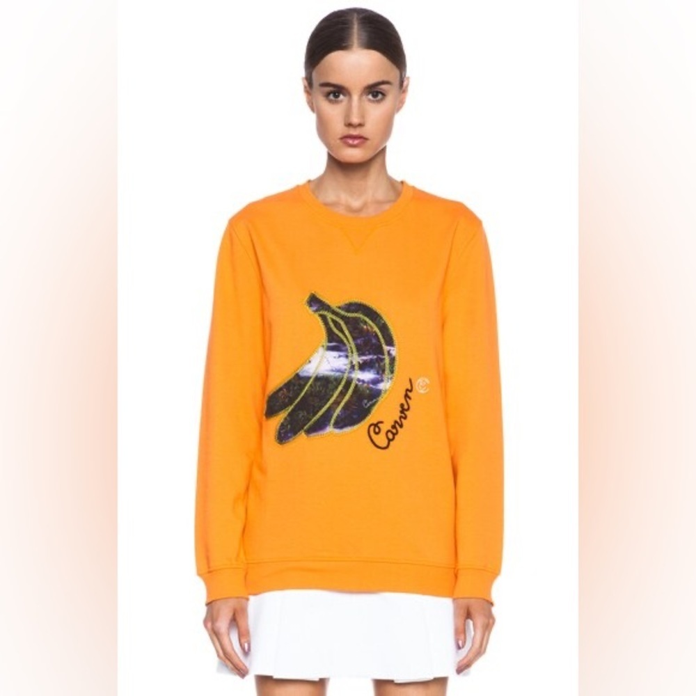 Carven Papaya Orange Banana Embroidered Cotton Sweatshirt Size Small